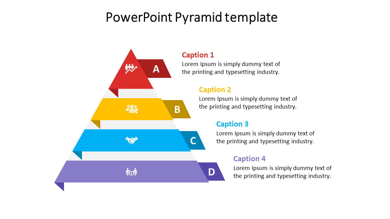 Infographic pyramid with red, yellow, blue, and purple steps, labeled A to D, each featuring icons and space for text.