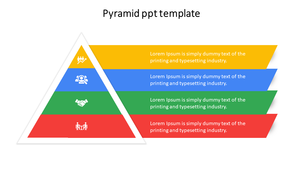 A multi colored pyramid PowerPoint template with four layers, each containing an icon and placeholder text.