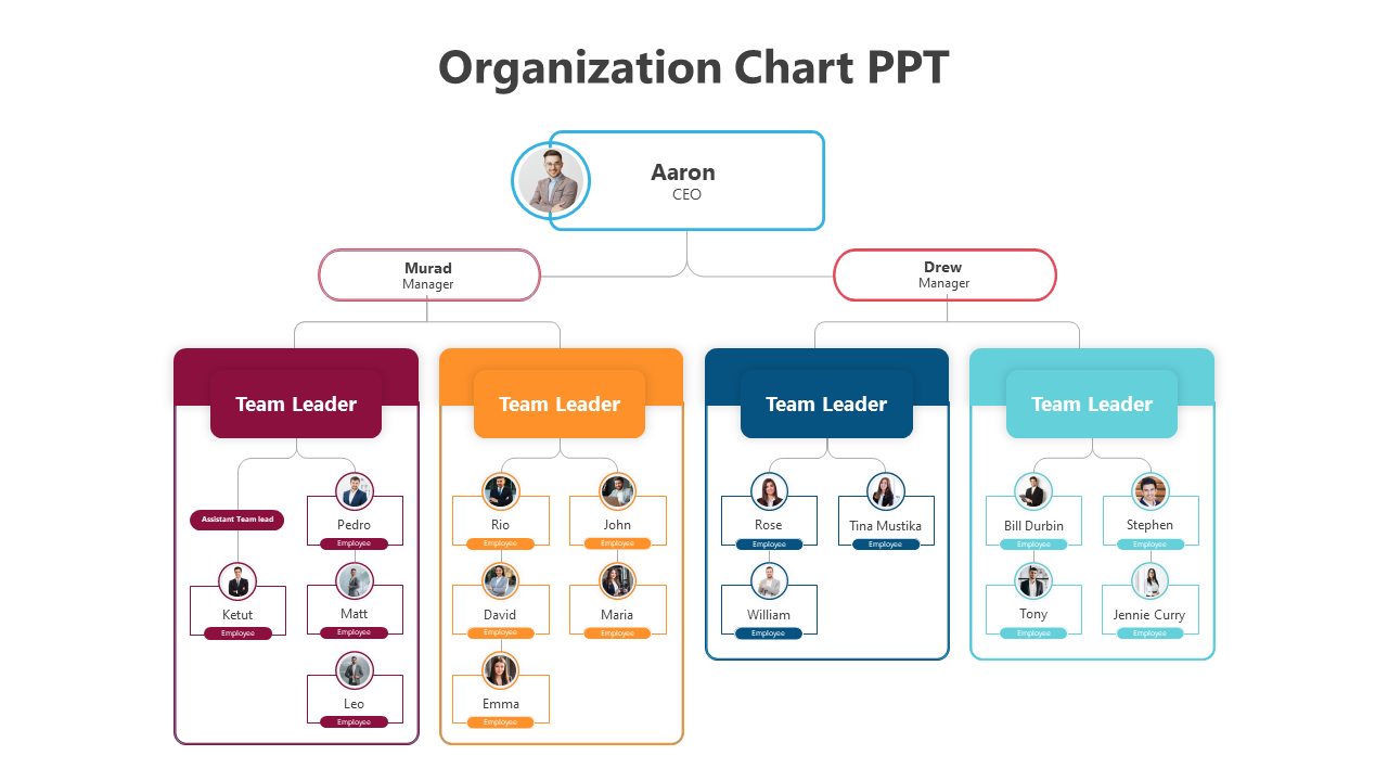 Organization chart with four colored sections for team leaders, connected under two managers and a CEO at the top.