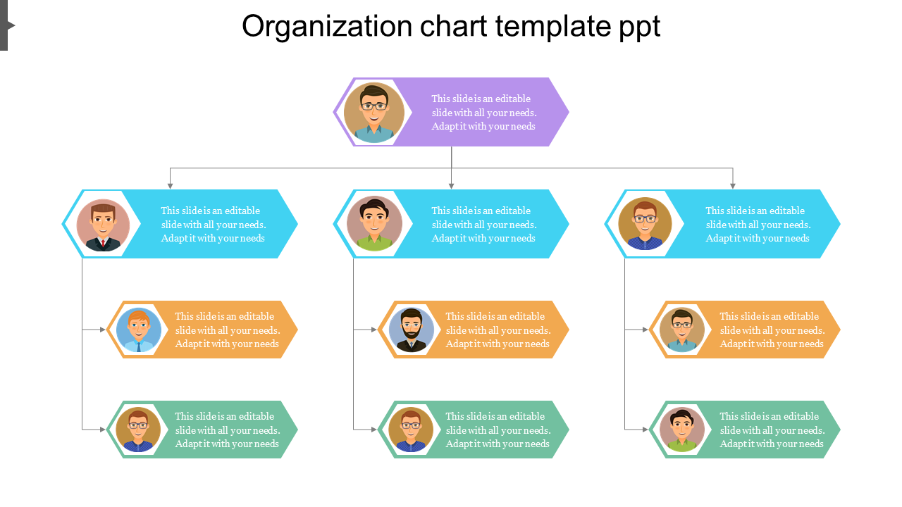 Hexagonal icons with illustrations of individuals, connected by lines in a hierarchical format, organized by color.