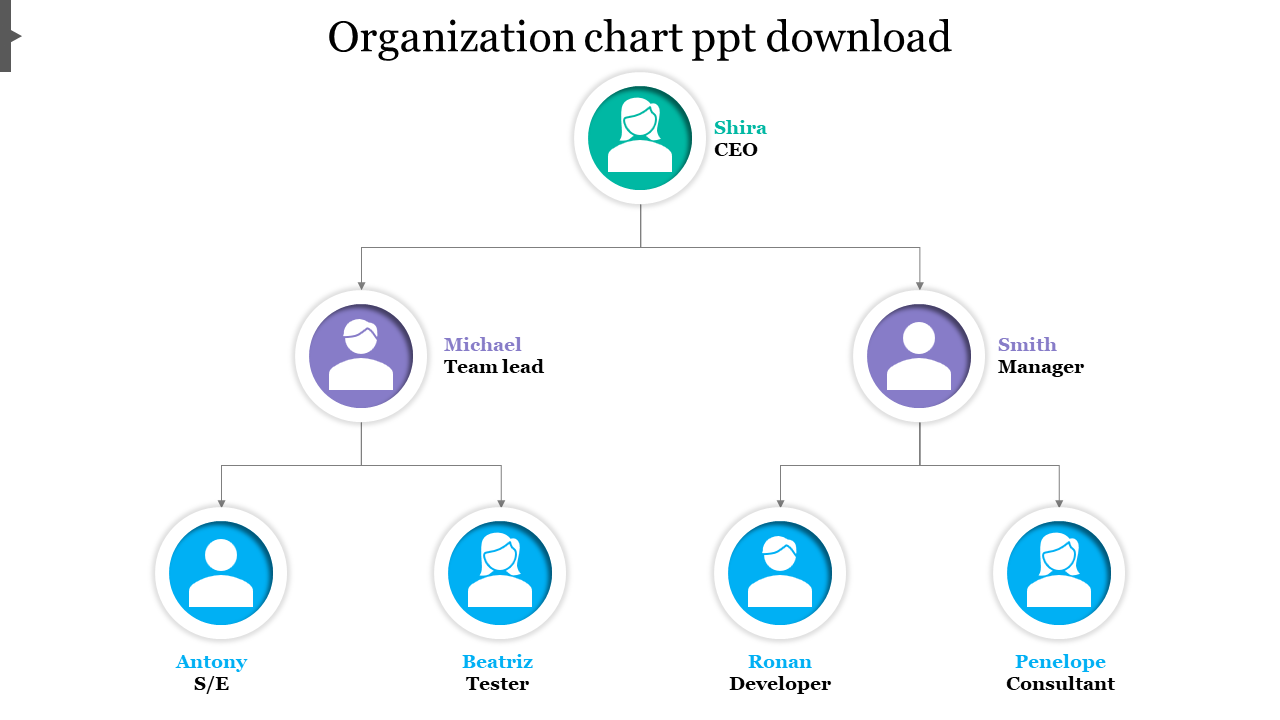 Organizational chart with circular avatars connected by lines, representing different roles in the company hierarchy.