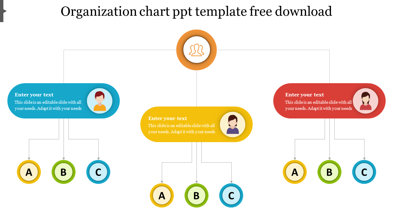 Organization chart with a circle and colorful text bubbles, displaying three branches with icons and letters.