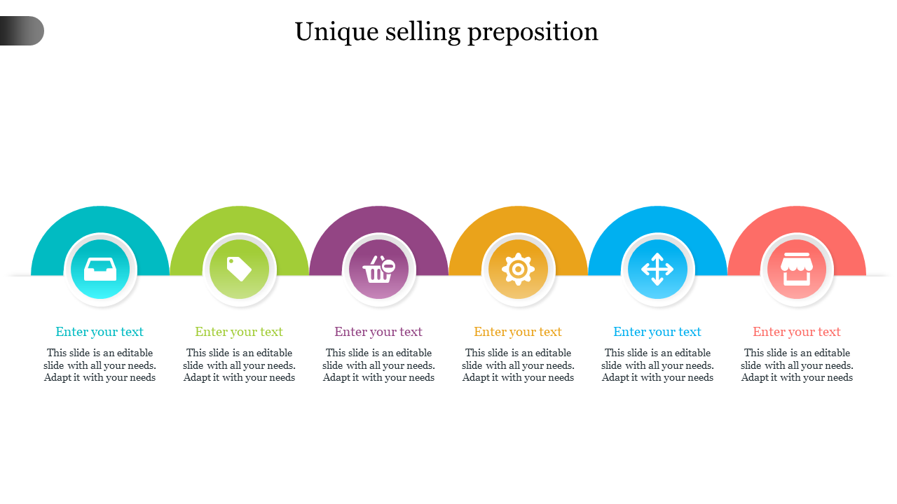 Unique selling proposition PowerPoint slide featuring six colorful icons with placeholder text on a white theme.