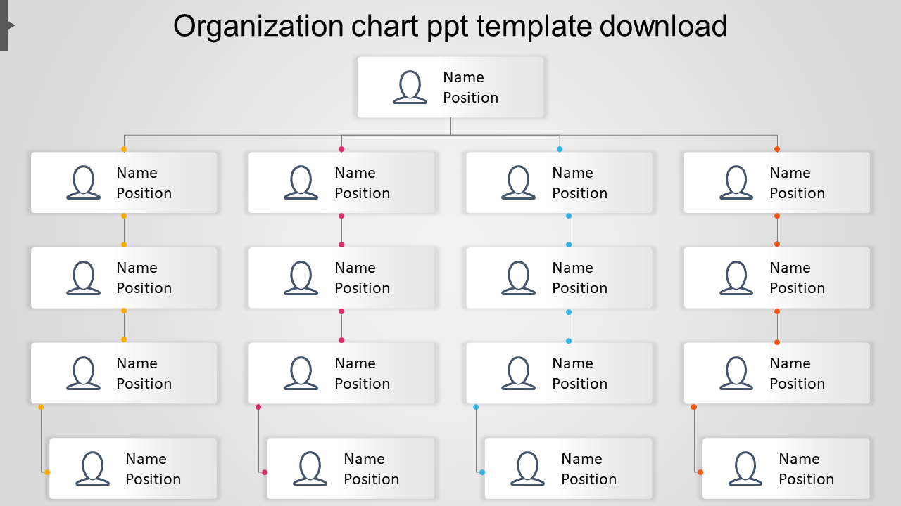 Organization chart template with a hierarchical layout, featuring multiple levels of boxes for names and positions.