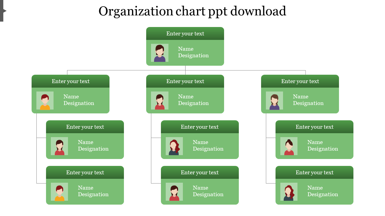 Organization chart with green rectangular boxes connected in a hierarchical structure, each with text and avatar icons.