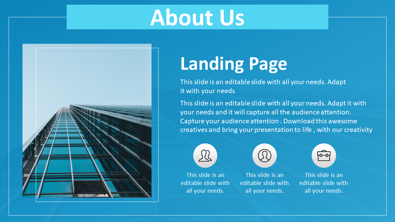 Slide showcasing a company overview with a background image of a glass building, emphasizing a blue landing page design.