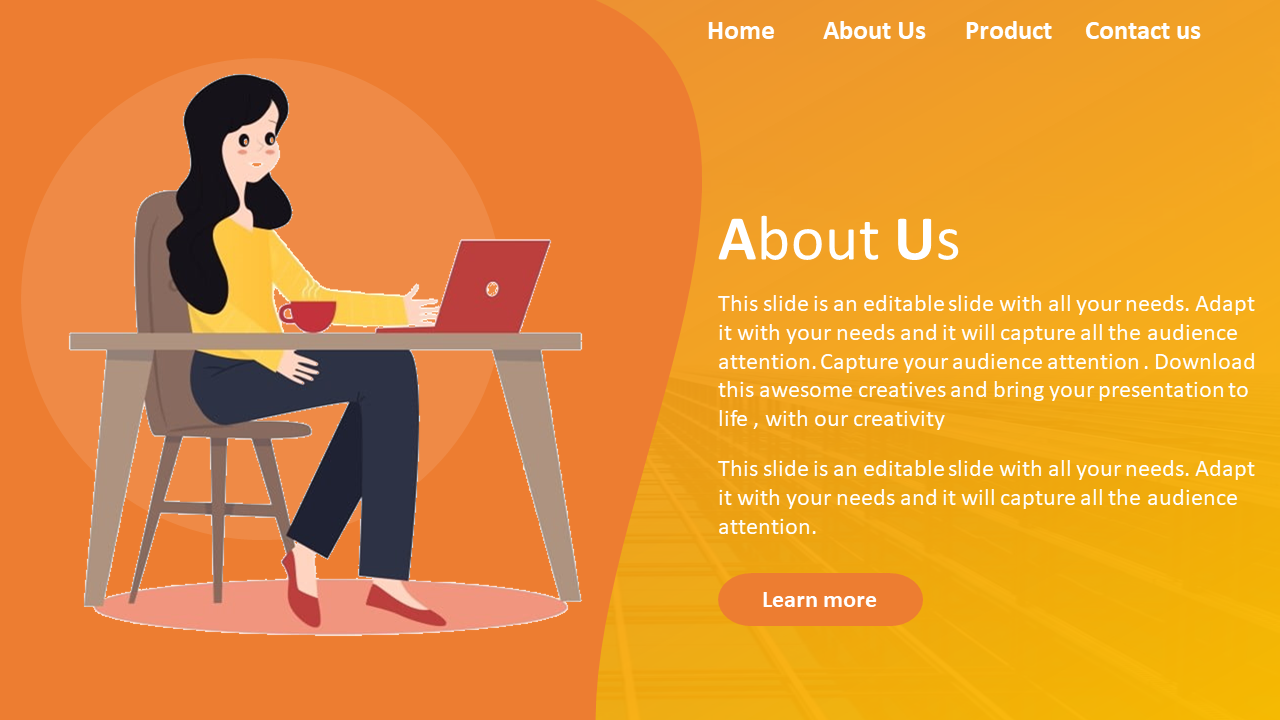 Cartoon style about us slide with a woman sitting at a desk, using a laptop and holding a cup on a yellow and orange theme.