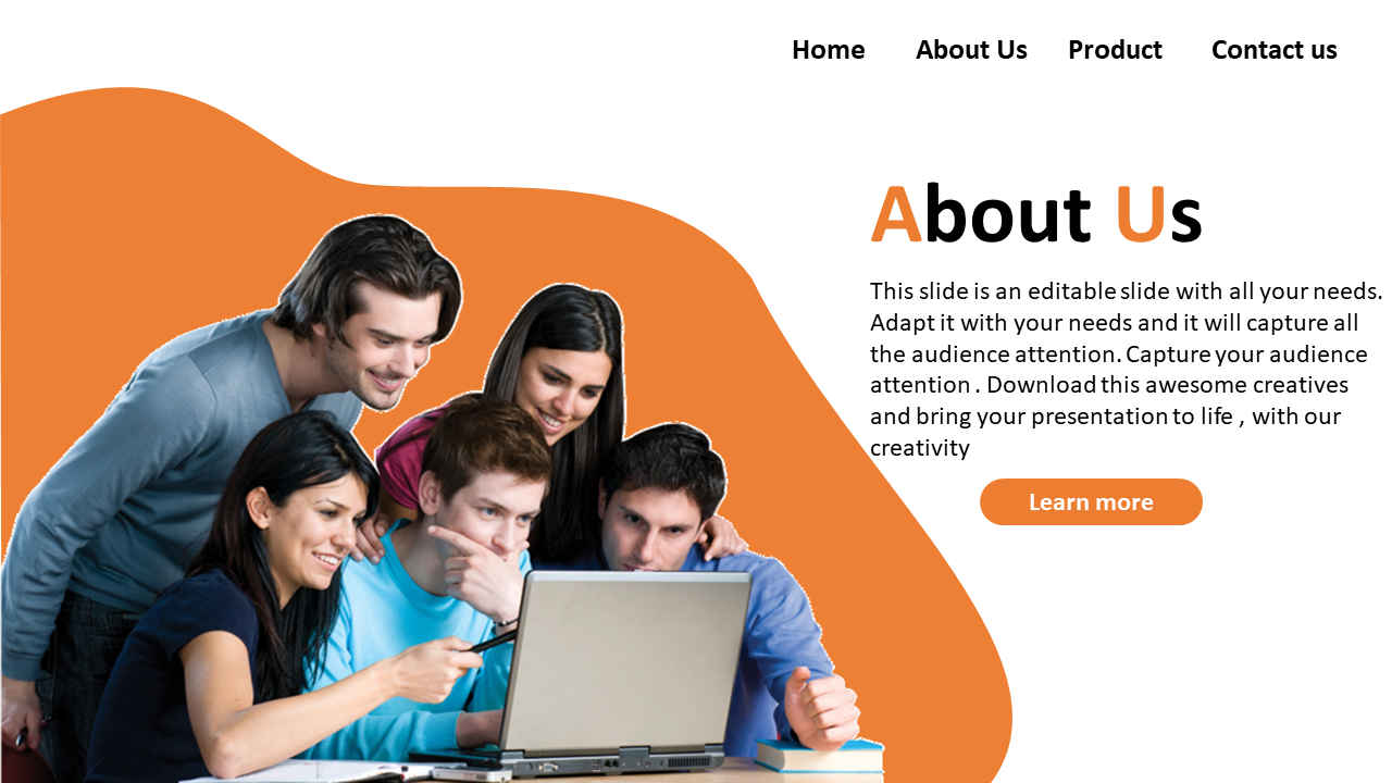 About us PowerPoint slide featuring a group of people gathered around a laptop with placeholder text.