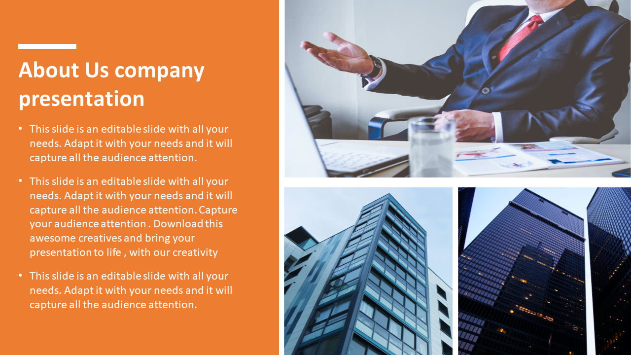 About Us company presentation slide showing a business professional and modern buildings alongside a placeholder text.