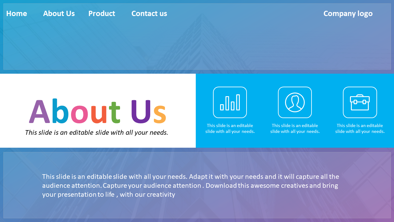 Blue gradient background featuring a white content box with colorful text, and three outlined icons in a horizontal layout.