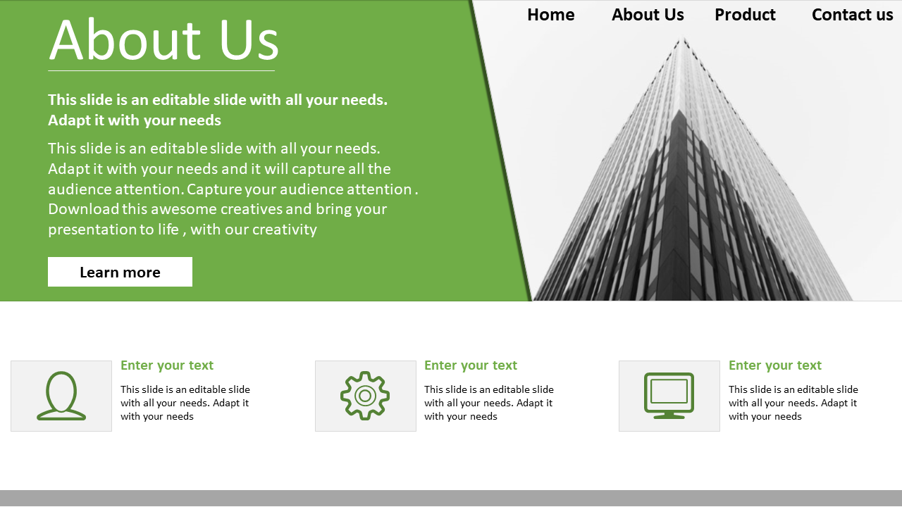 About Us PowerPoint slide featuring a green background, placeholder text sections, and a sleek office building image.