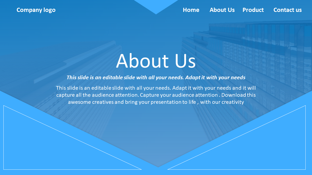 Blue themed About Us slide with placeholders for company description and key navigation links at the top.