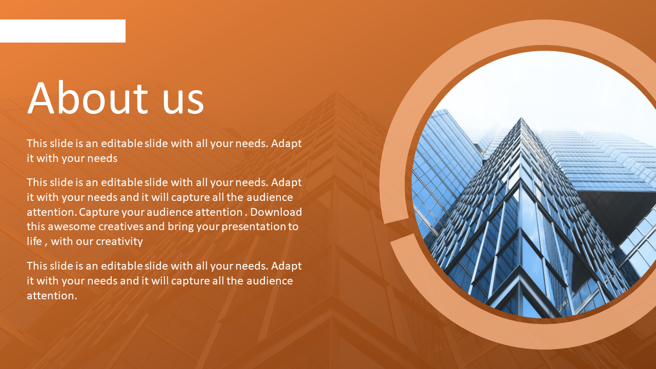 Slide with a round image of a glass building on the right, placed against an orange background with text on the left.