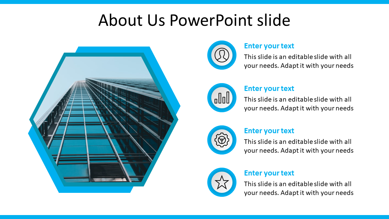 About us slide with a blue and white theme, featuring hexagonal frame building image, and four icons with descriptions.