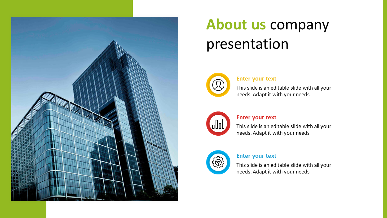 Company PPT presentation slide with modern building background and colored icons with placeholder text.