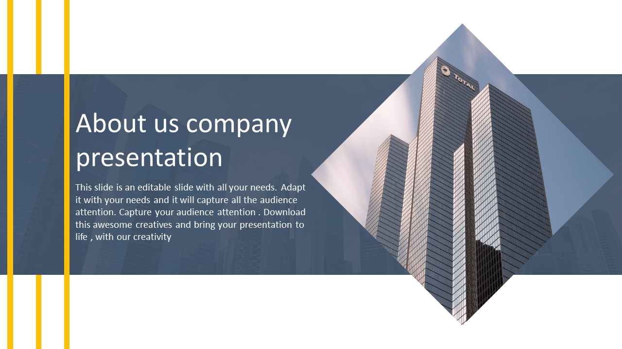 Company slide featuring a dark blue overlay with yellow vertical lines, and a diamond shaped skyscraper image on the right.