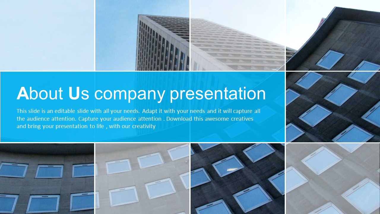 About us slide with a grid style modern building images, and a blue overlay featuring text in white.