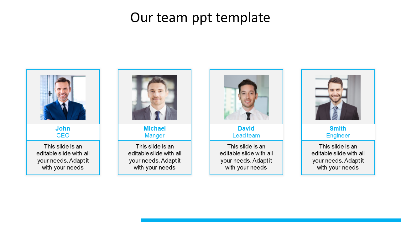 Team introduction slide showing four team members in individual frames with name, position, and caption areas.