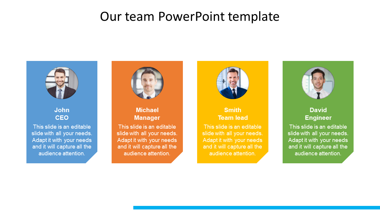 Team slide with four vertical colored boxes in blue, orange, yellow, and green, each containing a photo and text.