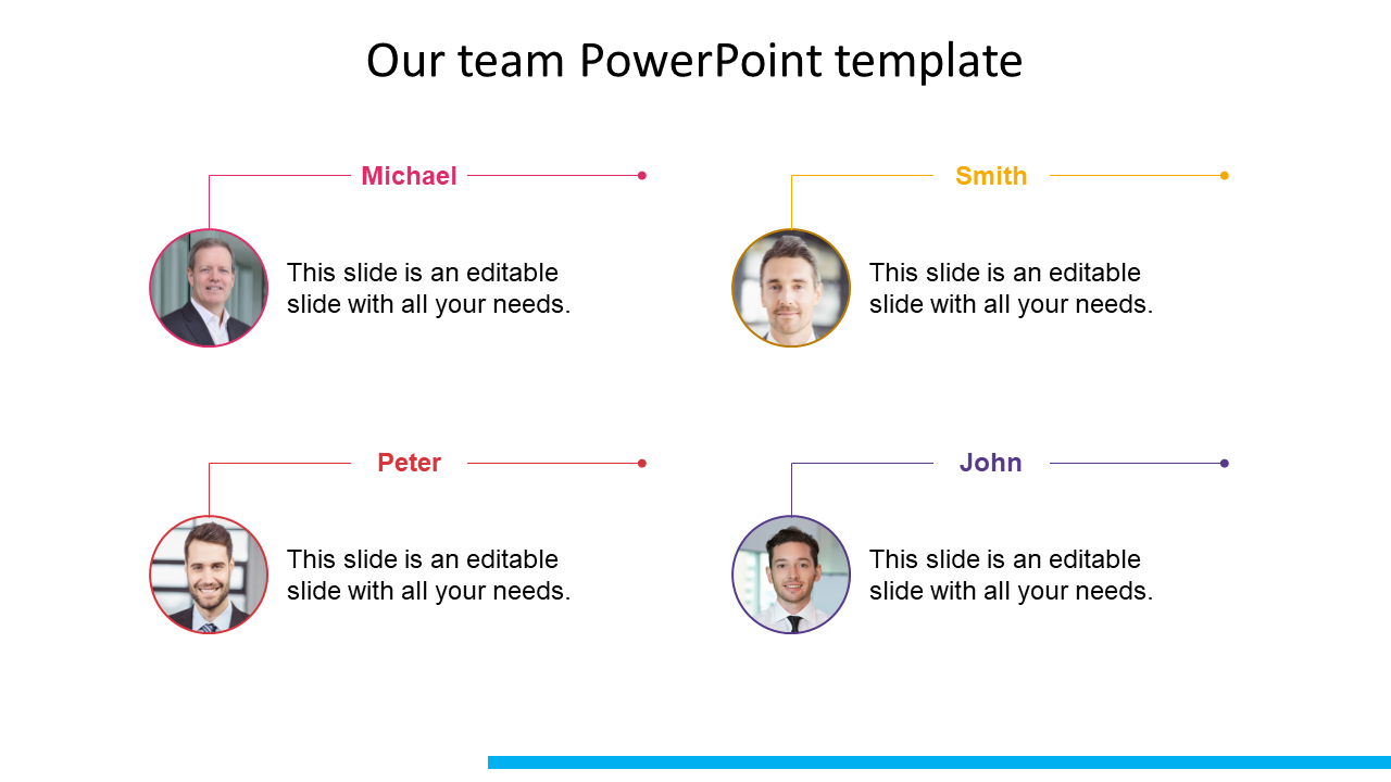 Team slide with four circular photos connected to names in red, yellow, purple, and pink, arranged in a grid.