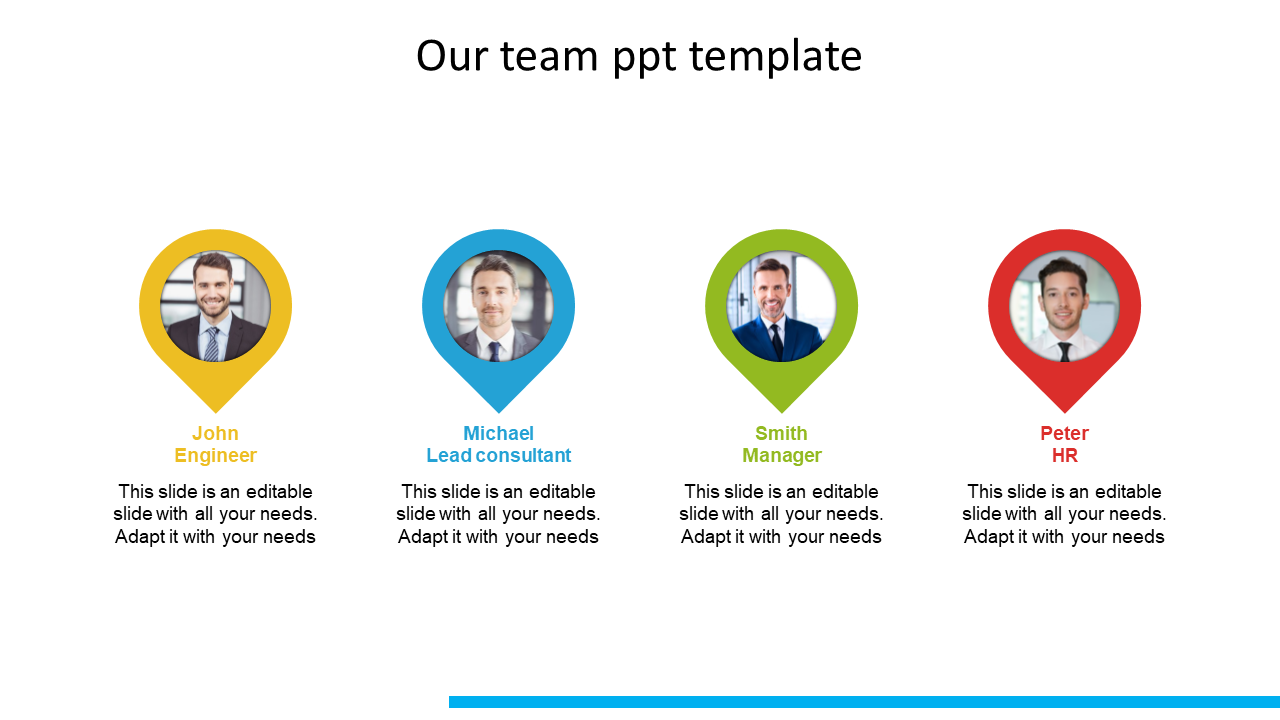 Team slide with four circular photos inside pin shaped markers in yellow, blue, green, and red, with names and roles.