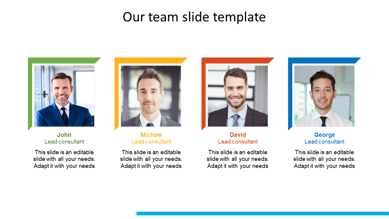 Team slide with four photos in colored frames of green, yellow, red, and blue, each with a name and role below.