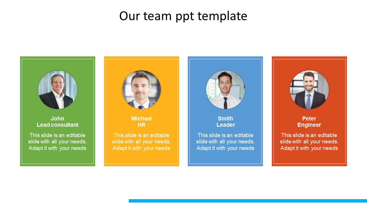 Our team slide featuring John, Michael, Paul, and Richard with photos and roles on a multi color theme with placeholder text.