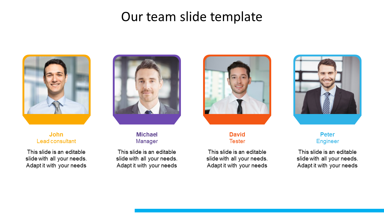 Our team PPT slide with photos of four professionals John, Michael, David, and Peter, each with their role title.