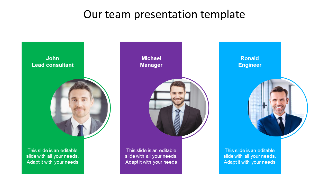 Slide showcasing three team members in green, purple, and blue sections, each with a circular photo and title.