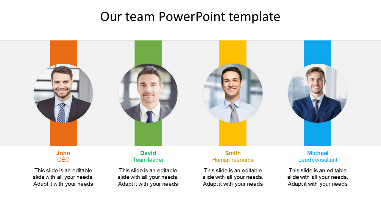 Our team PPT slide shows John, David, Smith, and Michael, each with a colored frame and job titles below their photos.