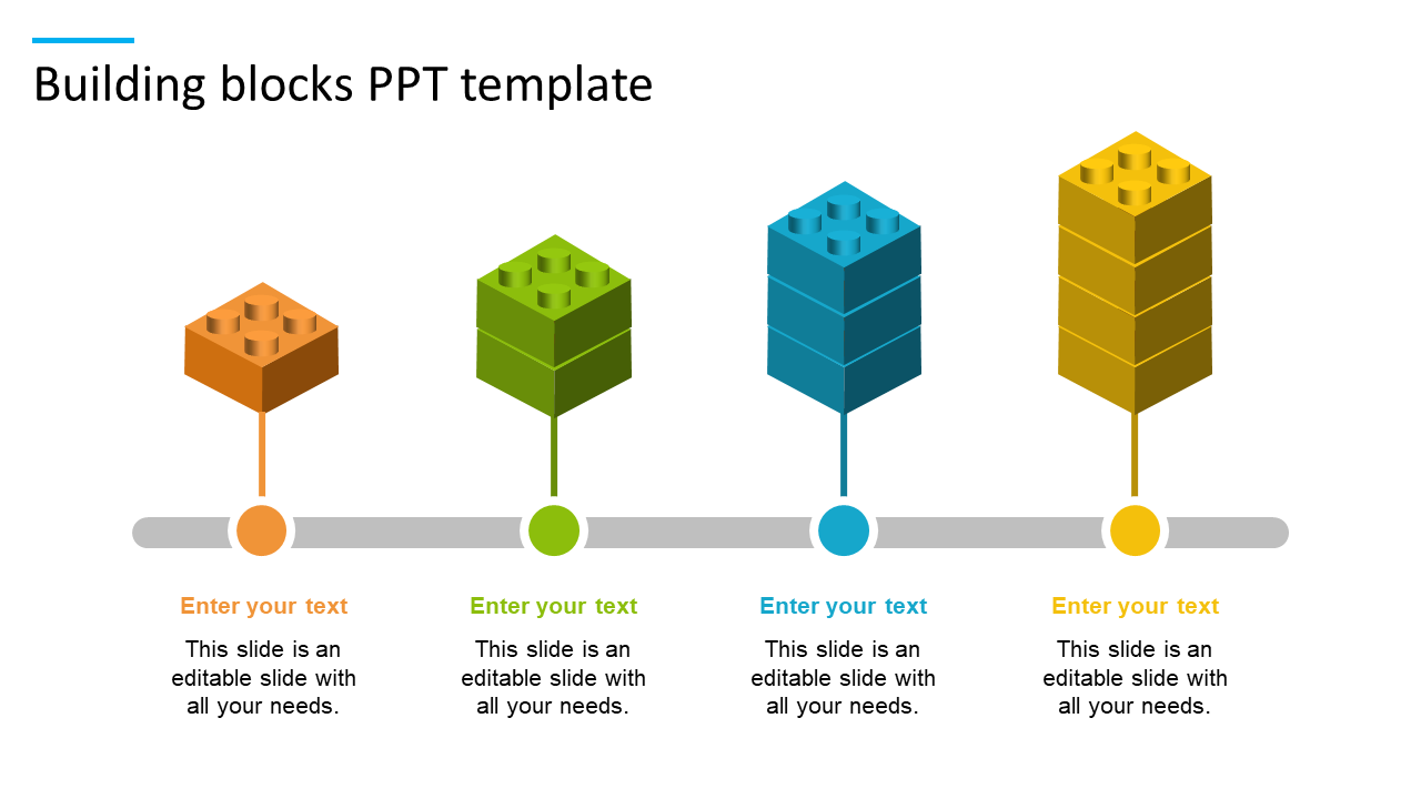 Four stacks of colorful building blocks arranged along a horizontal timeline with caption area below.