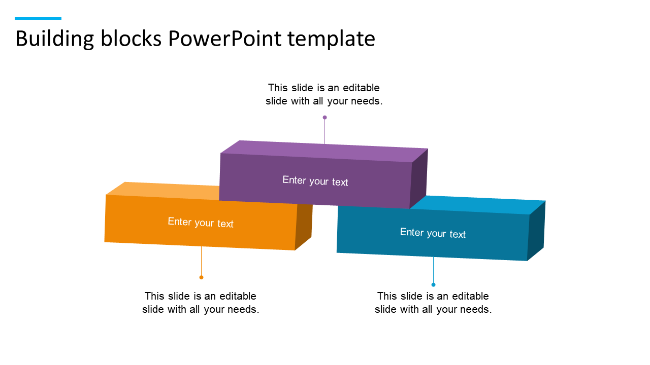 Three interlocking 3D blocks in orange, purple, and blue, each with placeholders text. 