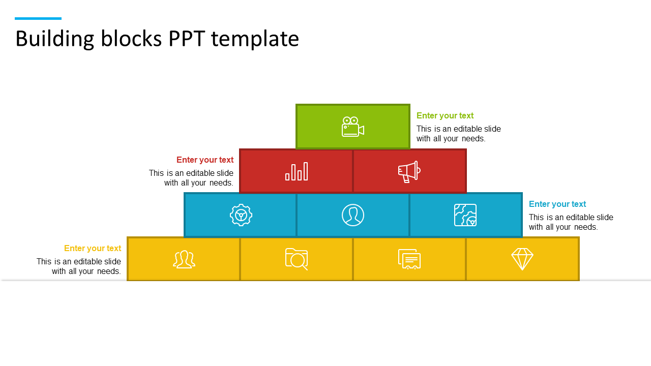 Pyramid structure of colored blocks in yellow, blue, red, and green, stacked in four layers, each containing text and icons.