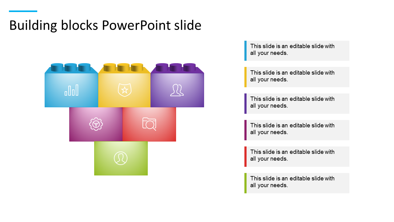 Slide with colorful building blocks representing business elements, accompanied by text boxes on the side with icons.