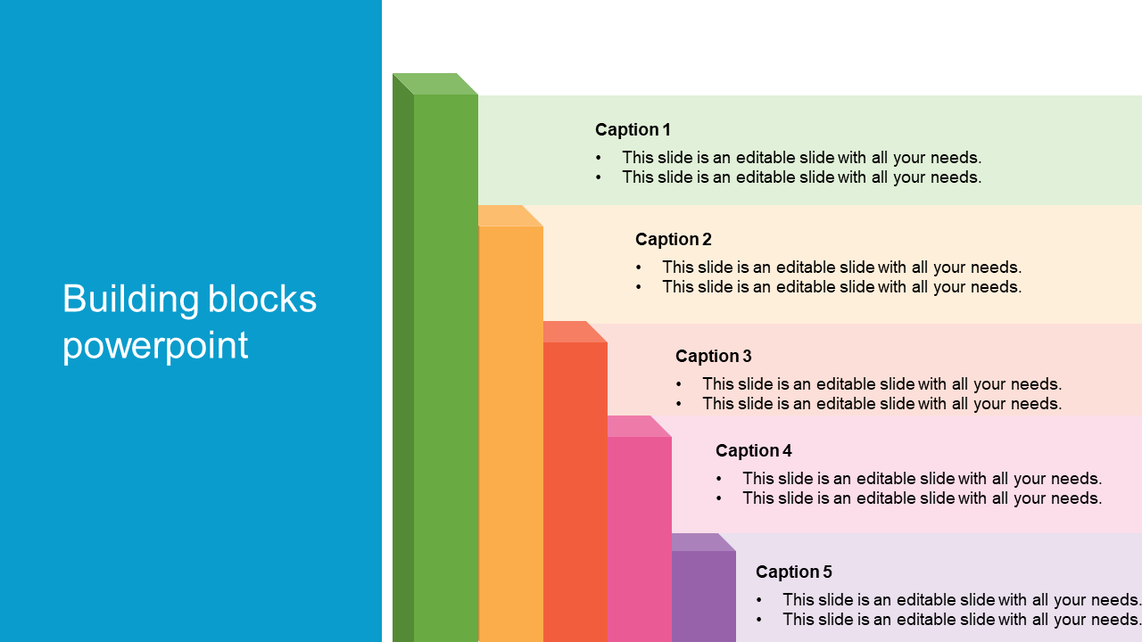 Five stacked building blocks in different colors, each labeled with a caption containing placeholder text areas.