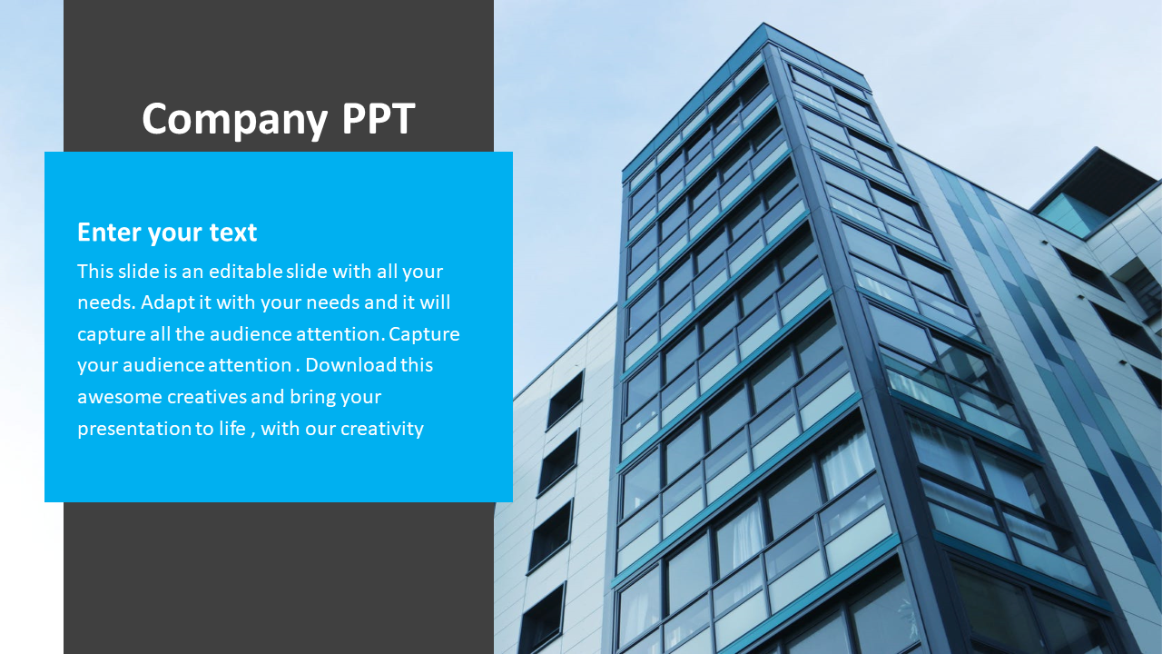 Company PowerPoint template featuring a modern building image with placeholder text sections on a blue theme.