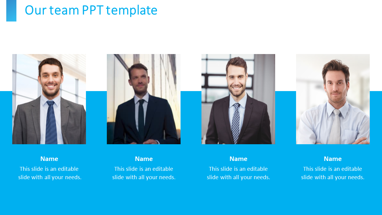 Our team PPT slide featuring four team members, each with a placeholder for name and text, set against a blue background.