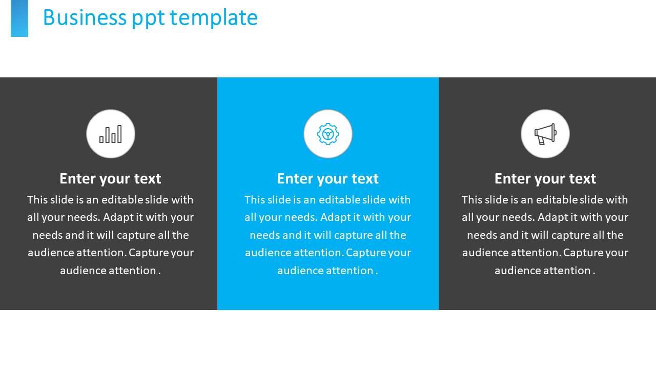 Business PowerPoint template with three sections, each featuring an icon and placeholder text areas.