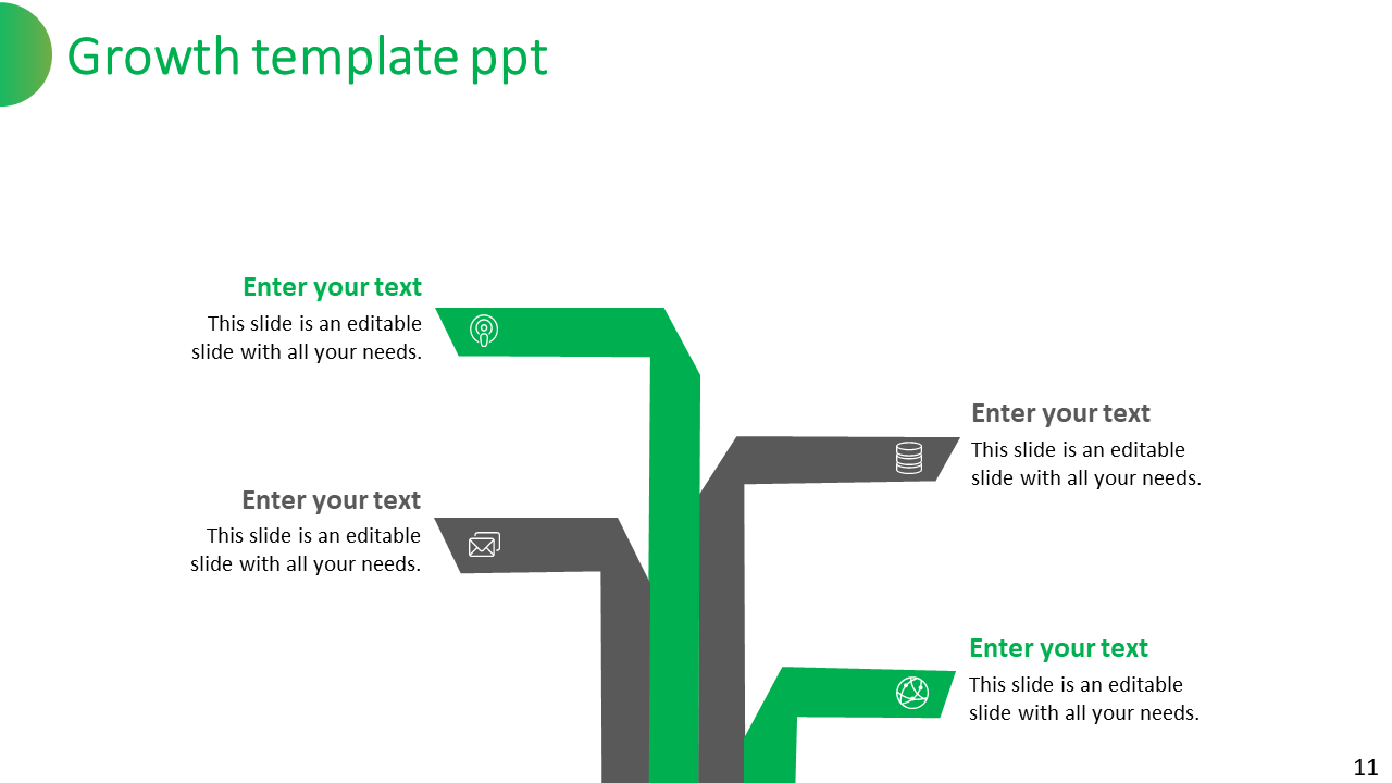 Green and gray branching lines with icons and text boxes, illustrating growth pathways.