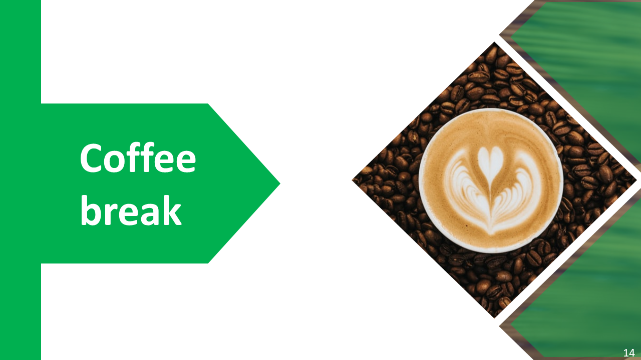 Coffee-themed slide featuring a latte art image with a background of cofffee beans and a green arrow with text.