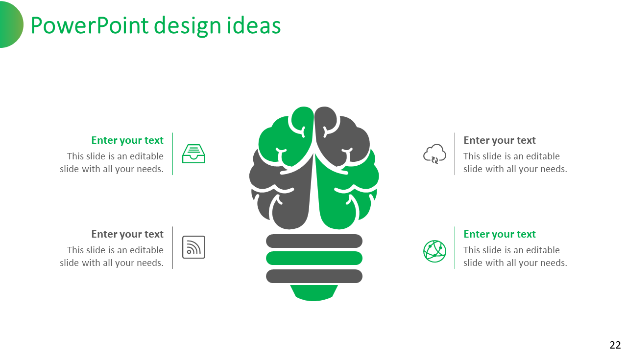 PowerPoint design ideas featuring a brain and lightbulb graphic, with icons for cloud, storage, and global connectivity.