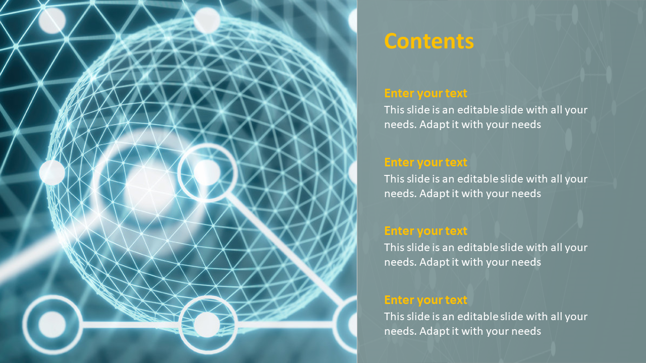 Futuristic slide with a glowing wireframe sphere on the left and a structured text section on the right in yellow font.