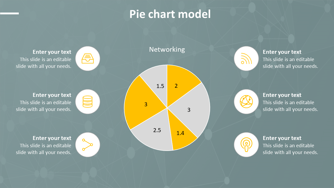 Pie chart slide showcasing six labeled segments in yellow and gray with surrounding icons, on a blue networked background.