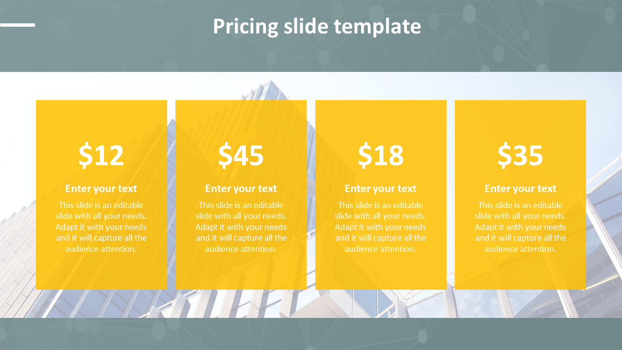 Pricing PowerPoint slide with four pricing tiers in yellow sections and placeholder text for each option.