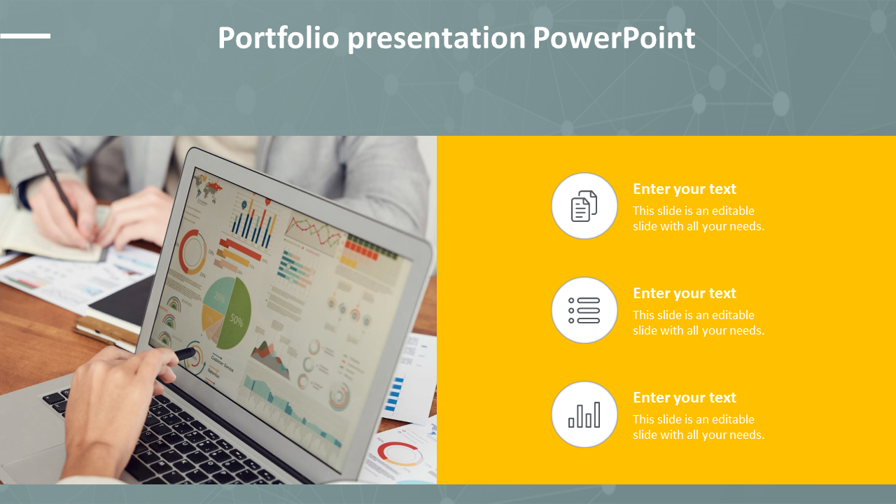 Portfolio slide featuring a laptop with data charts, and a yellow sidebar with three icons, on a blue network background.