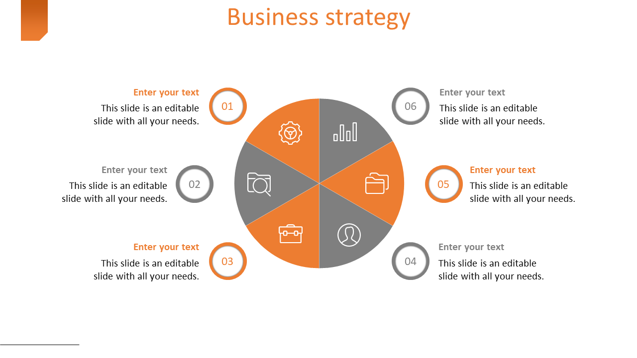 A business strategy slide featuring a circular diagram divided into six sections outlining key concepts with icons and text.