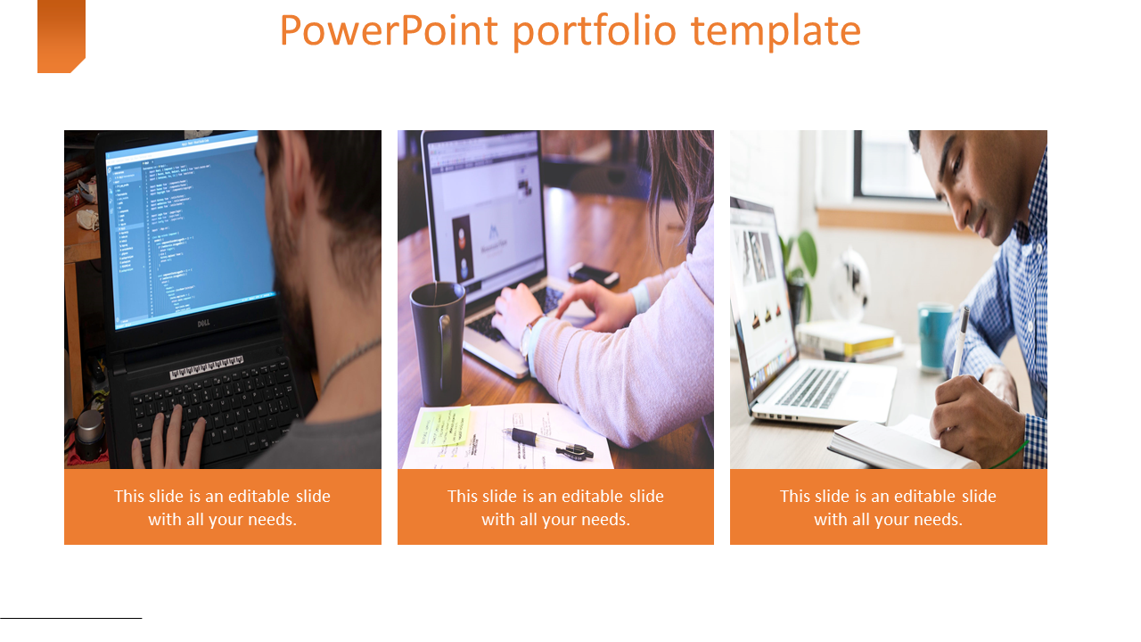 PowerPoint portfolio template with three images of people working on laptops and taking notes.