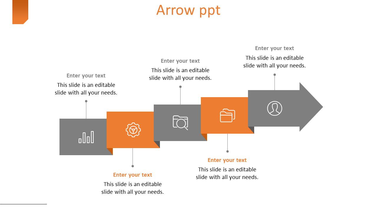 Slide featuring a linear flow with six sections for entering text and icons representing various concepts.