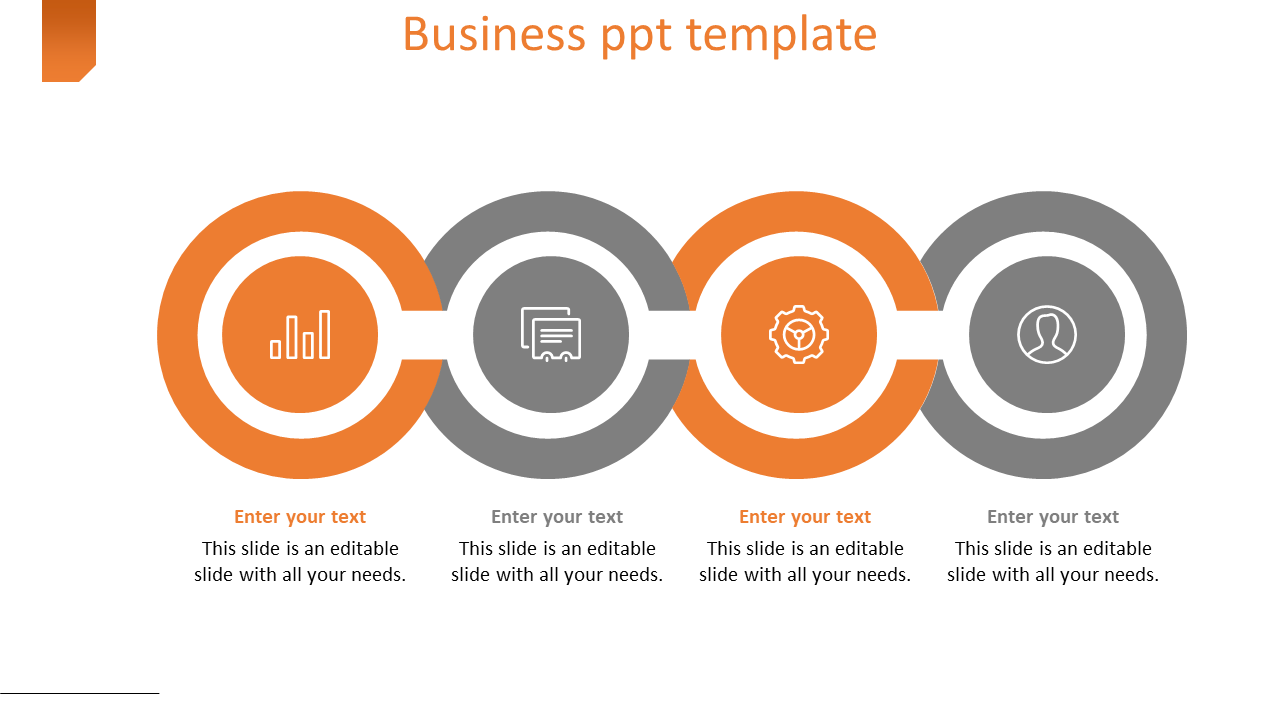 Four interconnected circles in alternating orange and gray with icons, representing a business concept with text below.