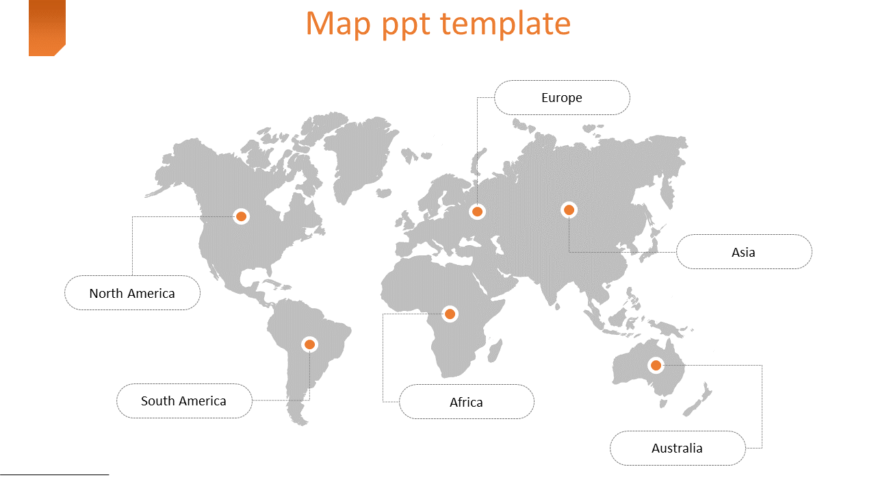 Gray world map with six labeled regions, marked with orange dots, on a white background with a title header.